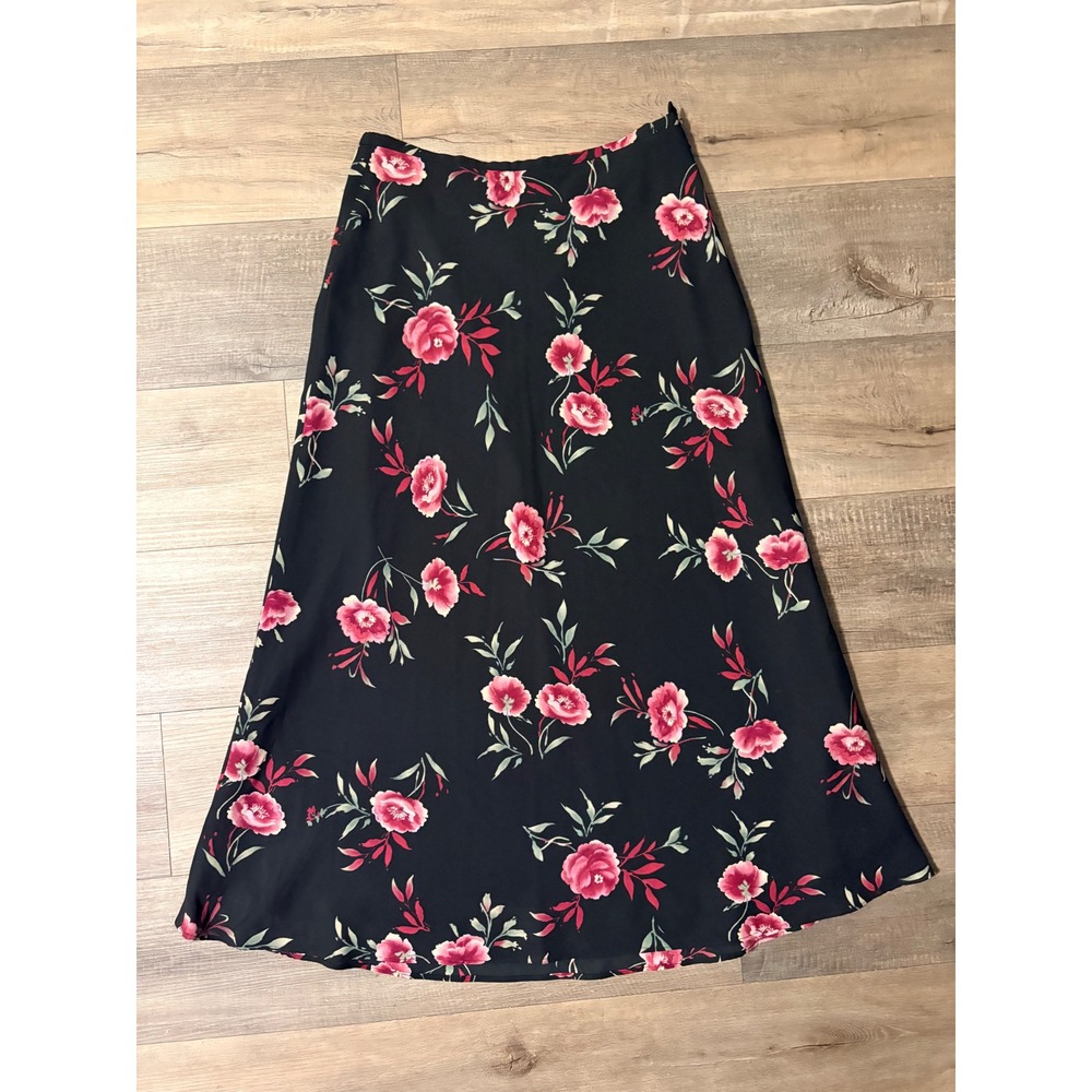 Laura Scott Black Floral Maxi Skirt Pink Red Flowers A-Line Lined Size 10